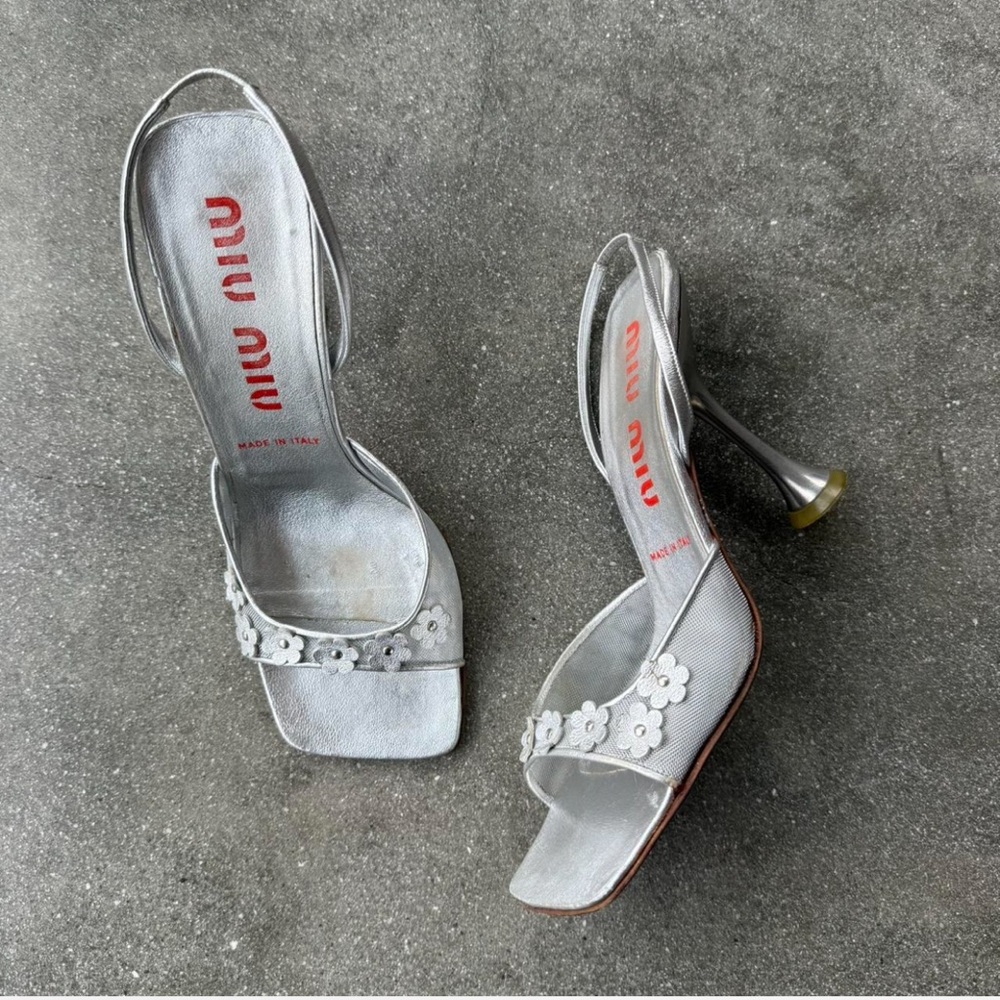 Miu Miu Silver Floral Heels - Picture 2 of 8